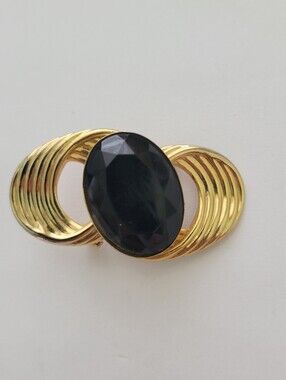 Vintage MCM Brooch Pin Black Faceted Acrilic Stone Gold Tone Coquette Retro